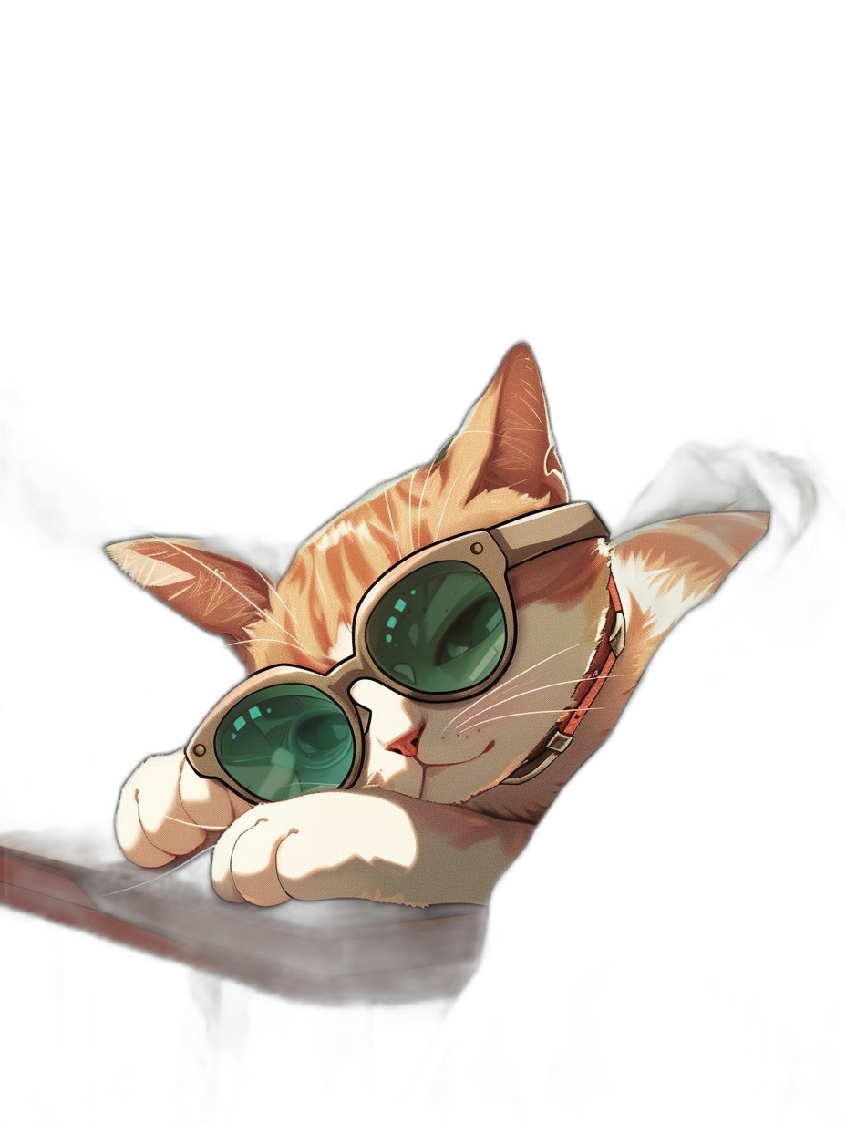 digital art of a cute and happy cat wearing sunglasses, sleeping on the table against a black background in the style of minimalism and cyberpunk.