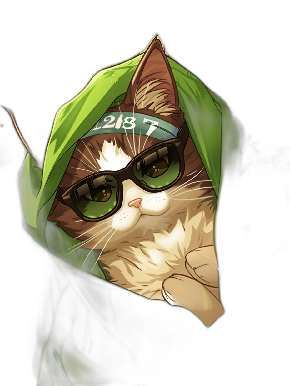 A cute cat in the style of an anime cartoon wearing black sunglasses and a green hoodie with the white numbers “2038” on it, on a black background, digital art in the style of [Artgerm](https://goo.gl/search?artist%20Artgerm), [WLOP](https://goo.gl/search?artist%20WLOP), [Frank Cho](https://goo.gl/search?artist%20Frank%20Cho), [Krenz Cushart](https://goo.gl/search?artist%20Krenz%20Cushart), behance and trending pixiv fanbox niji5 s400 c7.