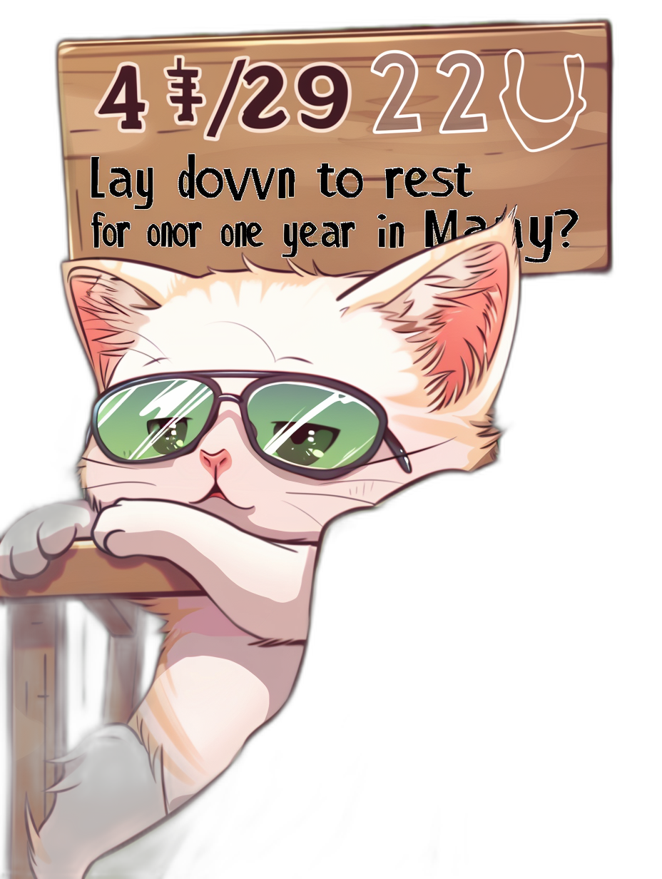 A cat wearing sunglasses is sitting at a table, holding up a sign that says “Lay down to rest for one year in May?”. In the style of a cartoon, a cute illustration. Black background.