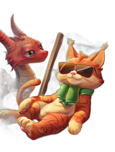 A red dragon with sunglasses and a green scarf is sitting next to an orange cat in a cartoon style with a dark background. It is digital art in the style of [Loish](https://goo.gl/search?artist%20Loish) with epic lighting and a full body portrait on a black background in the style of Pixar character design. The cat has a cute expression.