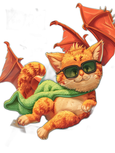 A cartoon illustration of an orange cat with green  and sunglasses flying on the back of a red dragon against a black background, in the cute and adorable fantasy art style of a painting with hyper realistic and cinematic lighting as well as volumetric light.