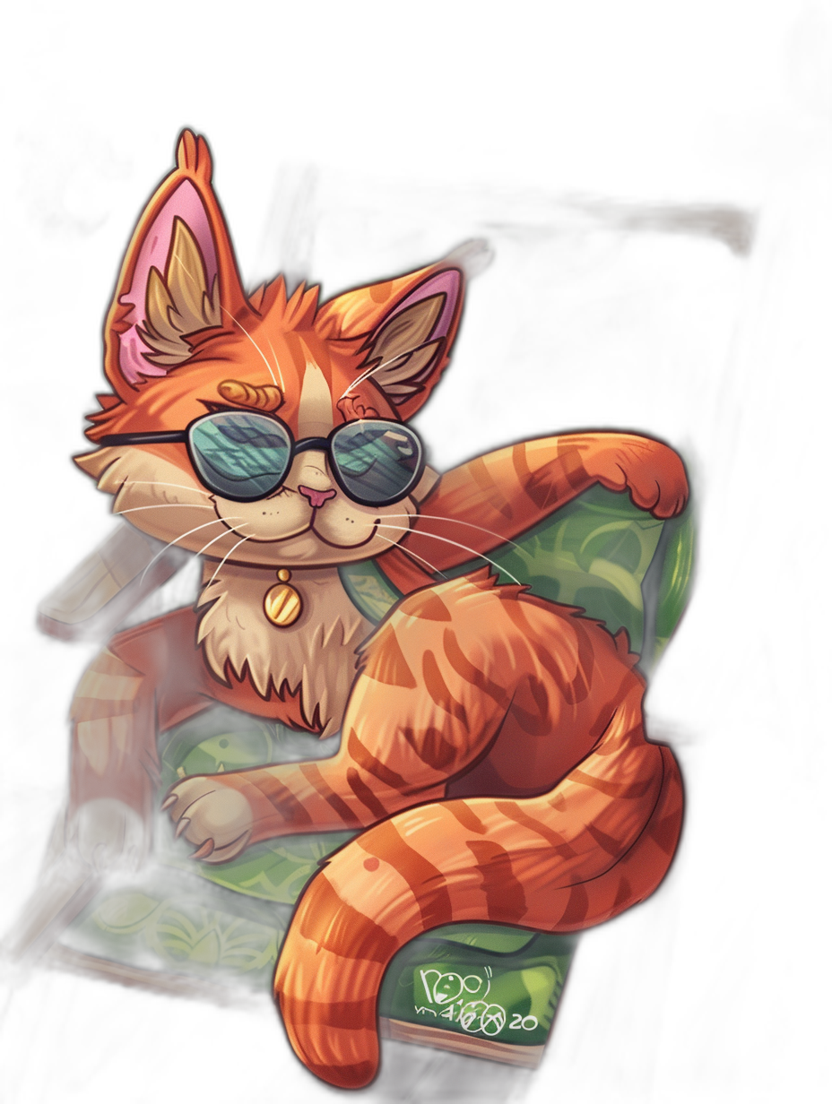 A cartoonish orange cat with striped fur, wearing sunglasses and lounging on an emerald green couch in the style of [Studio Ghibli](https://goo.gl/search?artist%20Studio%20Ghibli)’s ‘Land of Freaks’ illustration in the style of [Brian Kesinger](https://goo.gl/search?artist%20Brian%20Kesinger), black background, vector art.