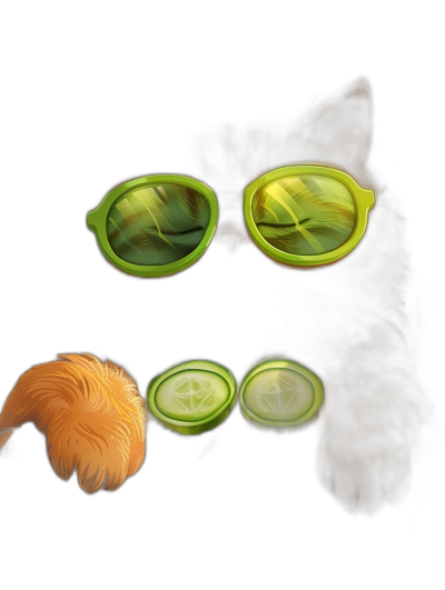 digital art of cool cat wearing sunglasses, cucumber in mouth , black background, cute and funny