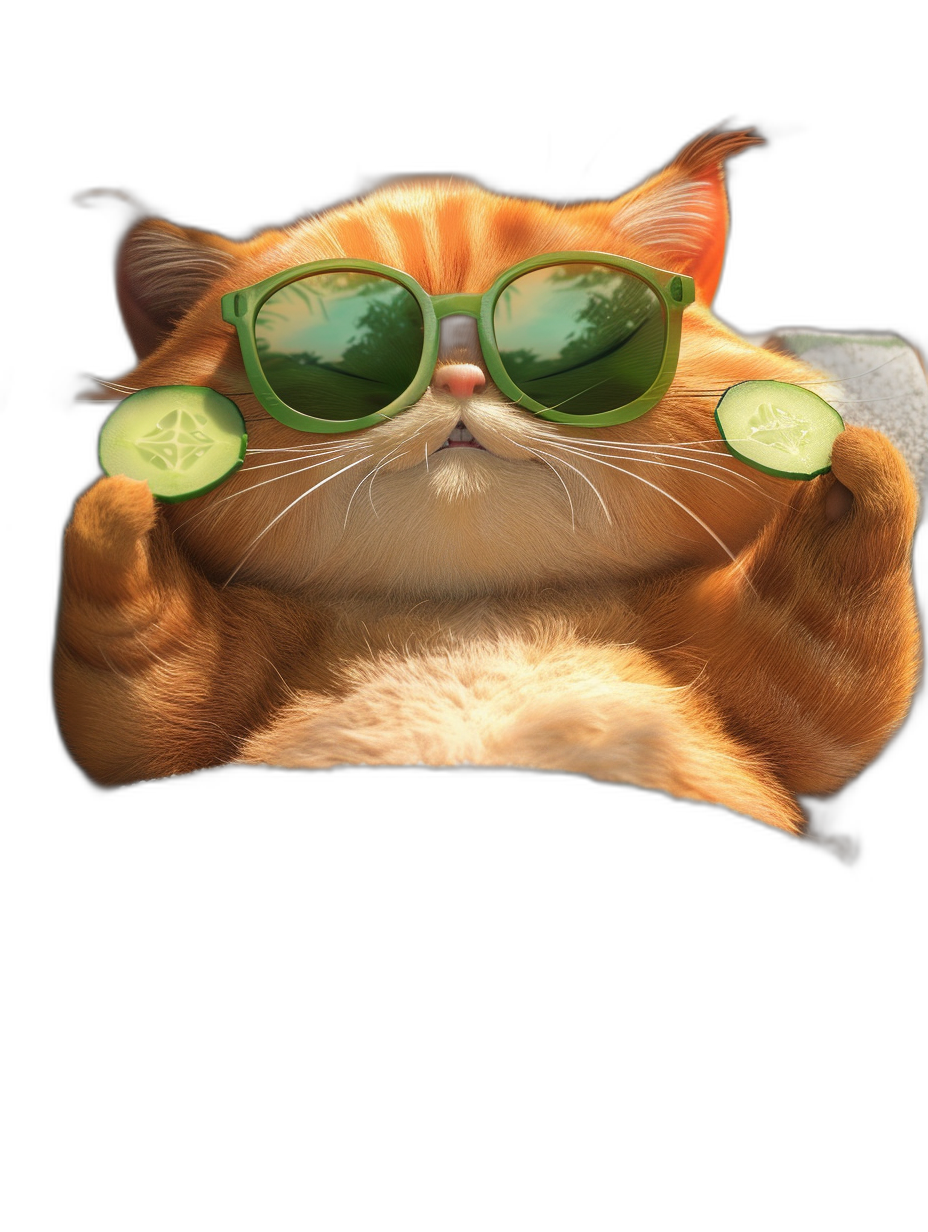 digital art of a cute fat cat, wearing sunglasses and a cucumber on its eye, with a chill expression, holding its hand behind its head on a black background, in the minimalistic style, with a chilling happy feel, a cool wallpaper for a phone screen