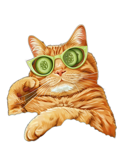 t-shirt design, Cool Orange Cat with Cucumberiac Sunglasses vector art style with black background, no mockup effect, full body cat is laying down on its side and has cucumber slices over the eyes, highly detailed illustration, high resolution, professional photograph, The top of his head to tail should be visible,