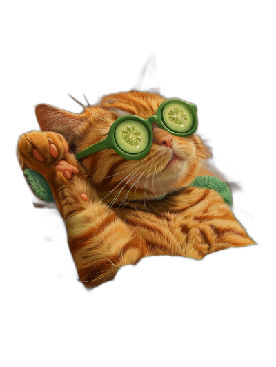 A ginger cat wearing green sunglasses with cucumbers on the lenses lying down, in the style of hyper realistic art, black background, with hyper detailed style.