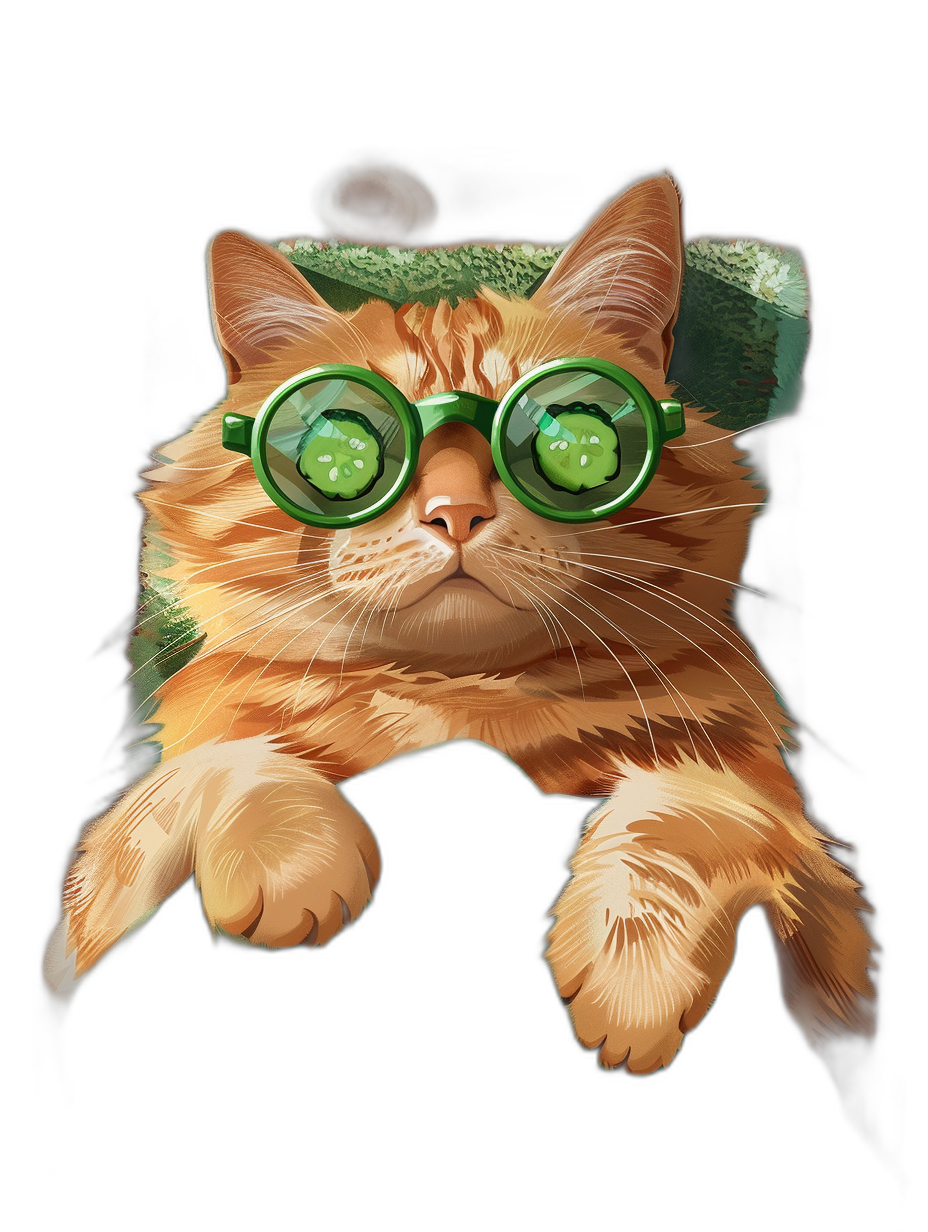 digital art of cute orange cat wearing green glasses, the eyes is covered with bubbles , black background, chill and happy expression, sitting on top sofa