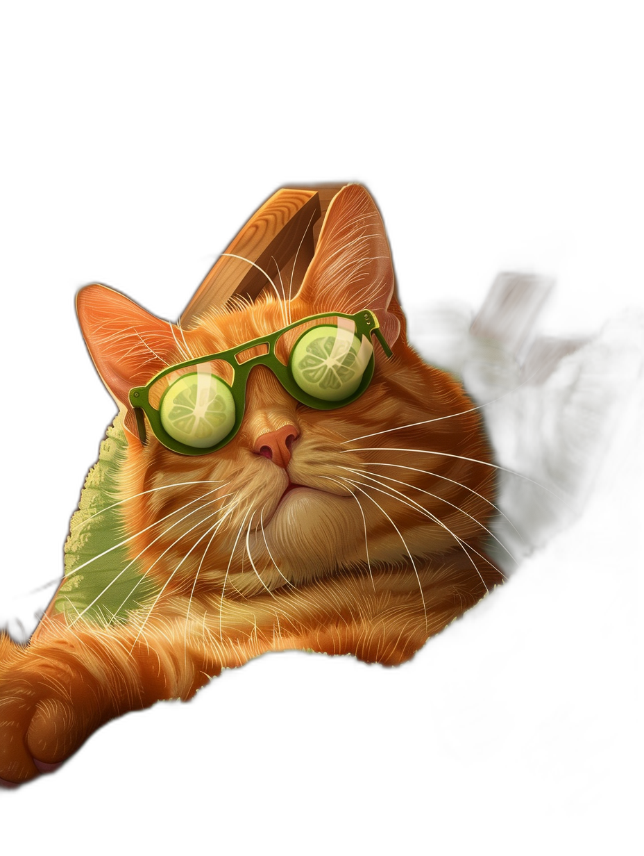 digital art of cool fat orange cat , wearing sunglasses with cucumber on eye, black background , chill and funny