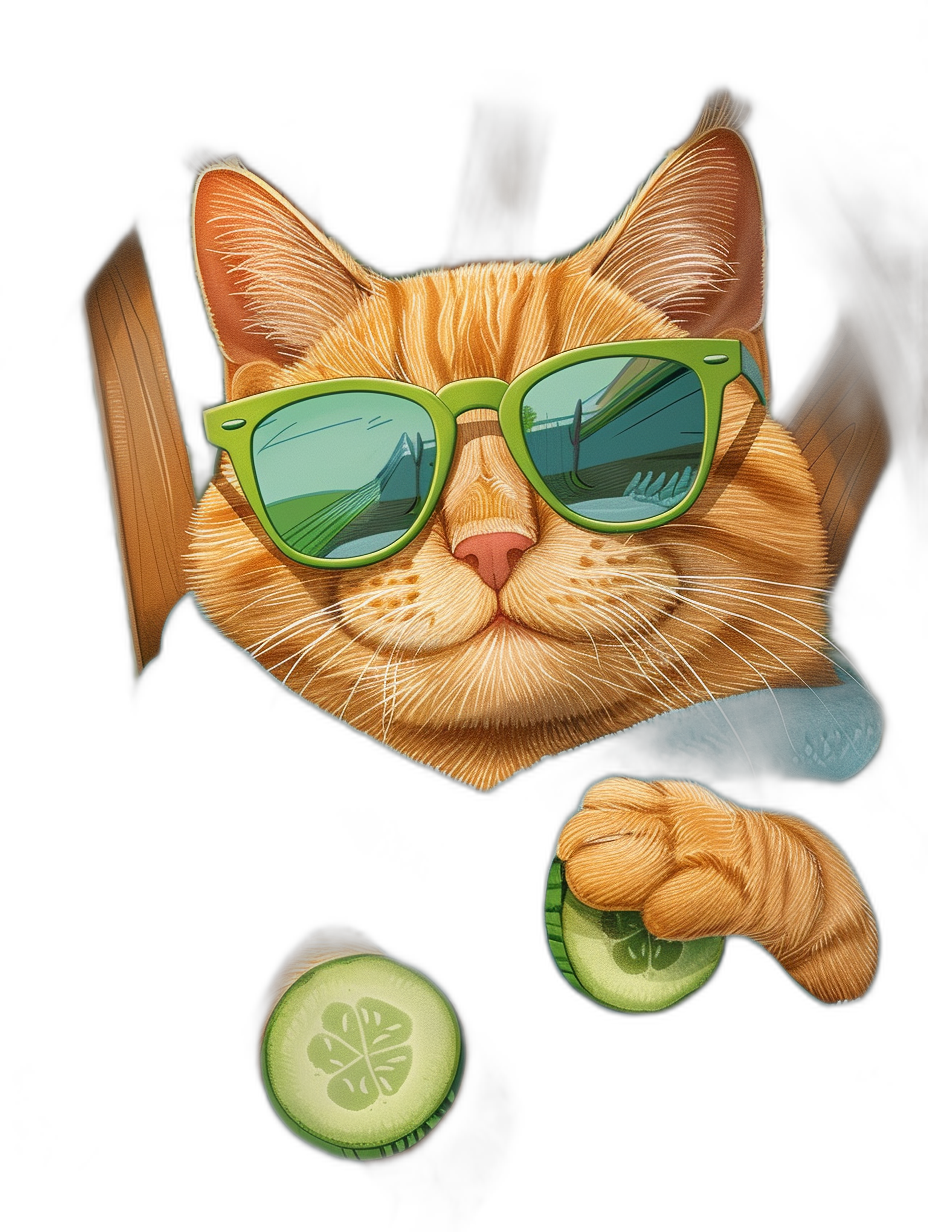 vector design of an orange cat wearing green sunglasses, sitting in front of cucumber slices on the table isolated black background, ultra realistic and detailed, high resolution photography