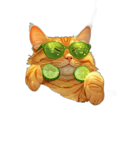 digital art of cute fat orange cat , wearing sunglasses and holding cucumber in its mouth, black background , chill expression , one paw hanging out from the frame