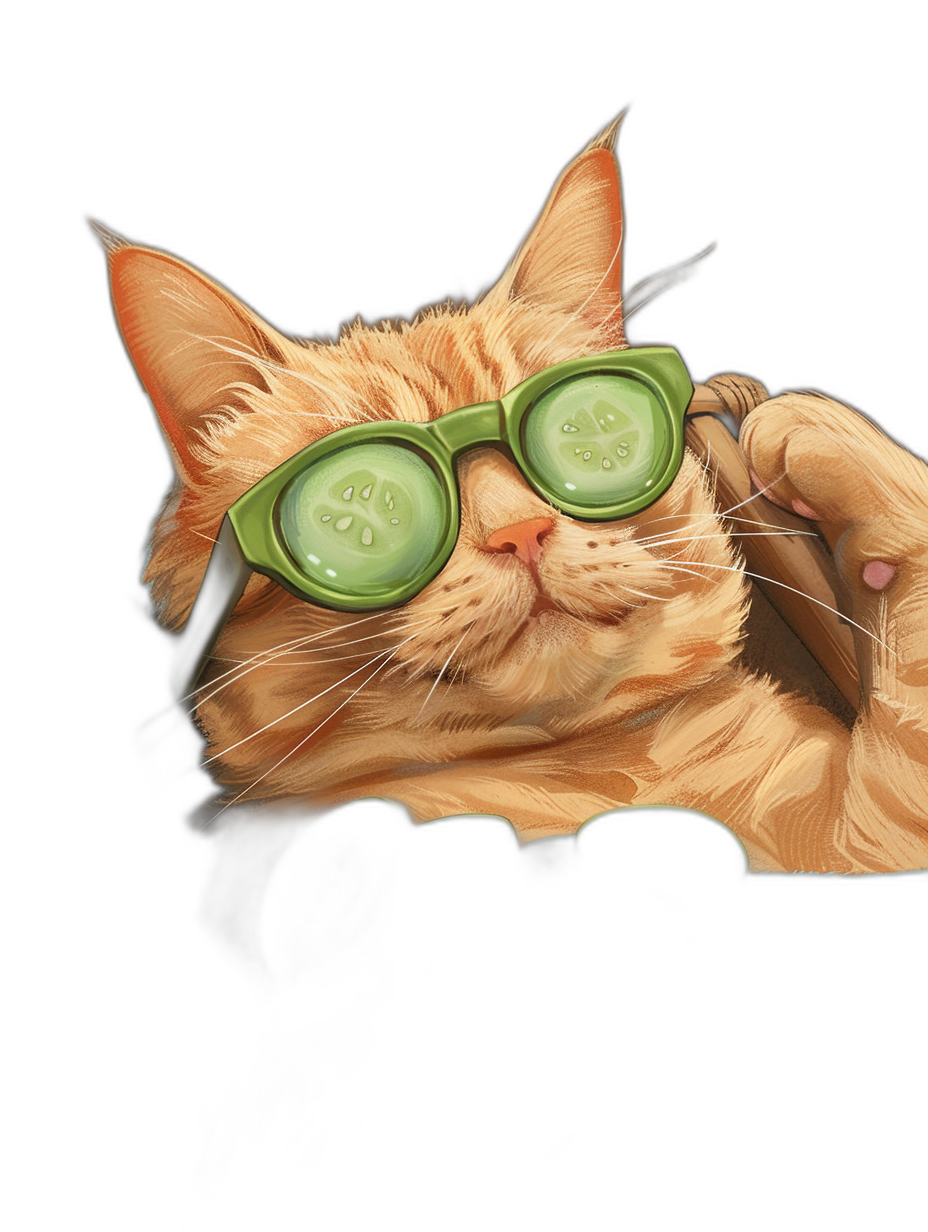 illustration of an orange cat with green glasses and cucumber in his paw, black background, high resolution, hq