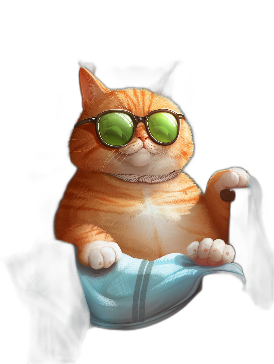 digital art of a cute fat orange cat, wearing sunglasses and holding a white cloth in its hand, against a black background, chilling happily and funnily in the style of pop art.