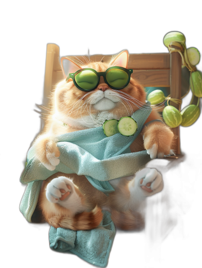 a fat ginger cat wearing sunglasses and towel, sitting in spa chair with cucumber slices on its eyes, on black background, hyper realistic, high resolution, high definition, high quality