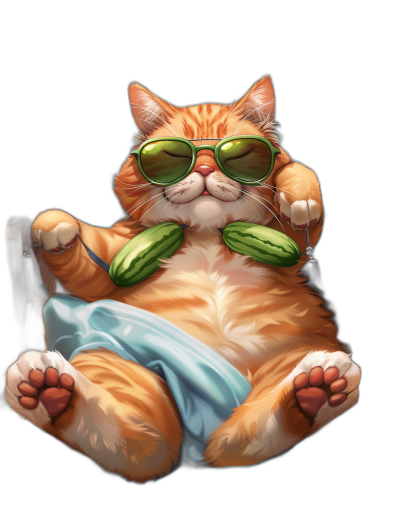 digital art of cute fat orange cat , wear sunglasses and blue tshirt, holding watermelon in hand , black background, chill expression , full body , wearing slippers