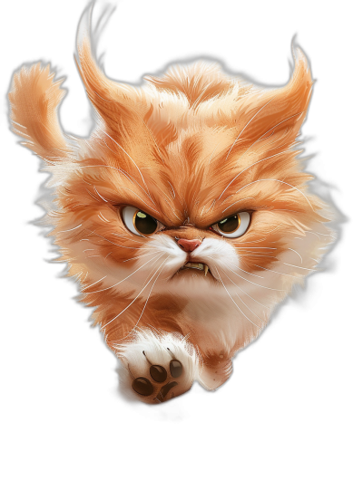 realistic digital illustration of an angry Persian cat head, paws showing and ready to attack, orange fur with white highlights, black background, full body portrait in the style of an angry Persian cat.