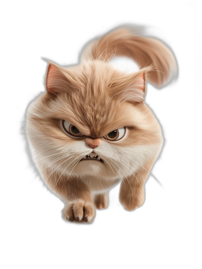 A Persian cat with an angry expression, walking towards the camera in the style of Disney Pixar studio, cartoon style, isolated on a black background, digital art, soft shadows, clean sharp focus.