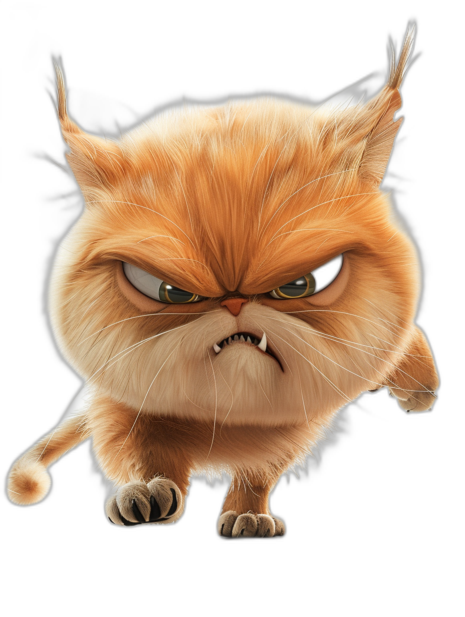 grumpy persian cat, pixar style cartoon character with angry face, walking on black background, high resolution, high quality, hyper realistic, in the style of hyper detailed, hyper colored