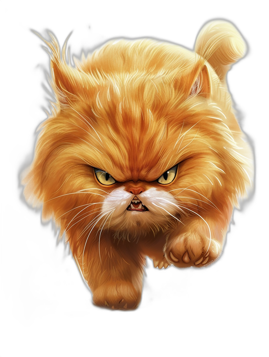 Illustration of an angry orange cat in the style of a cartoon on a black background. The 2D art is a digital painting and digital illustration with high details, resolution, quality, sharpness, contrast, definition, texture, vibrance and saturation. The tone is also high.