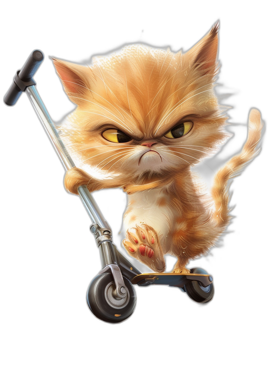 funny cartoon illustration of an angry cat riding on a scooter, isolated on a black background, in the style of [Lilia Alvarado](https://goo.gl/search?artist%20Lilia%20Alvarado) and in the style of [Sarah Andersen](https://goo.gl/search?artist%20Sarah%20Andersen)