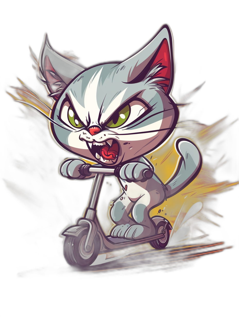 A cartoon illustration of an angry grey and white cat riding on an electric scooter with fast motion blur, vector art design in the style of t-shirt, black background, cute character, 2D game asset, chibi style.