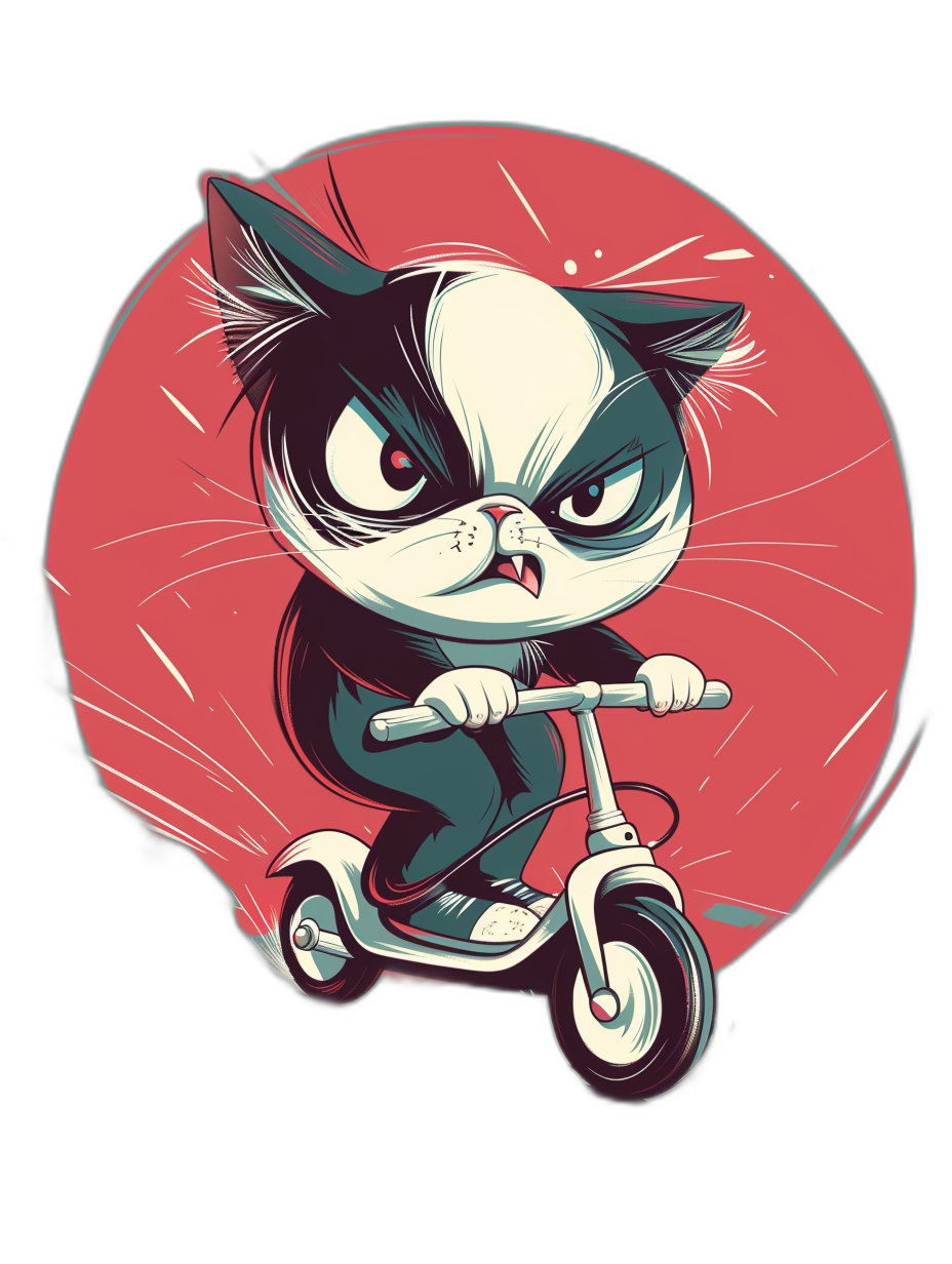 t-shirt design, cute grumpy cat on scooter in the style of cartoon with a black background and red circle behind it