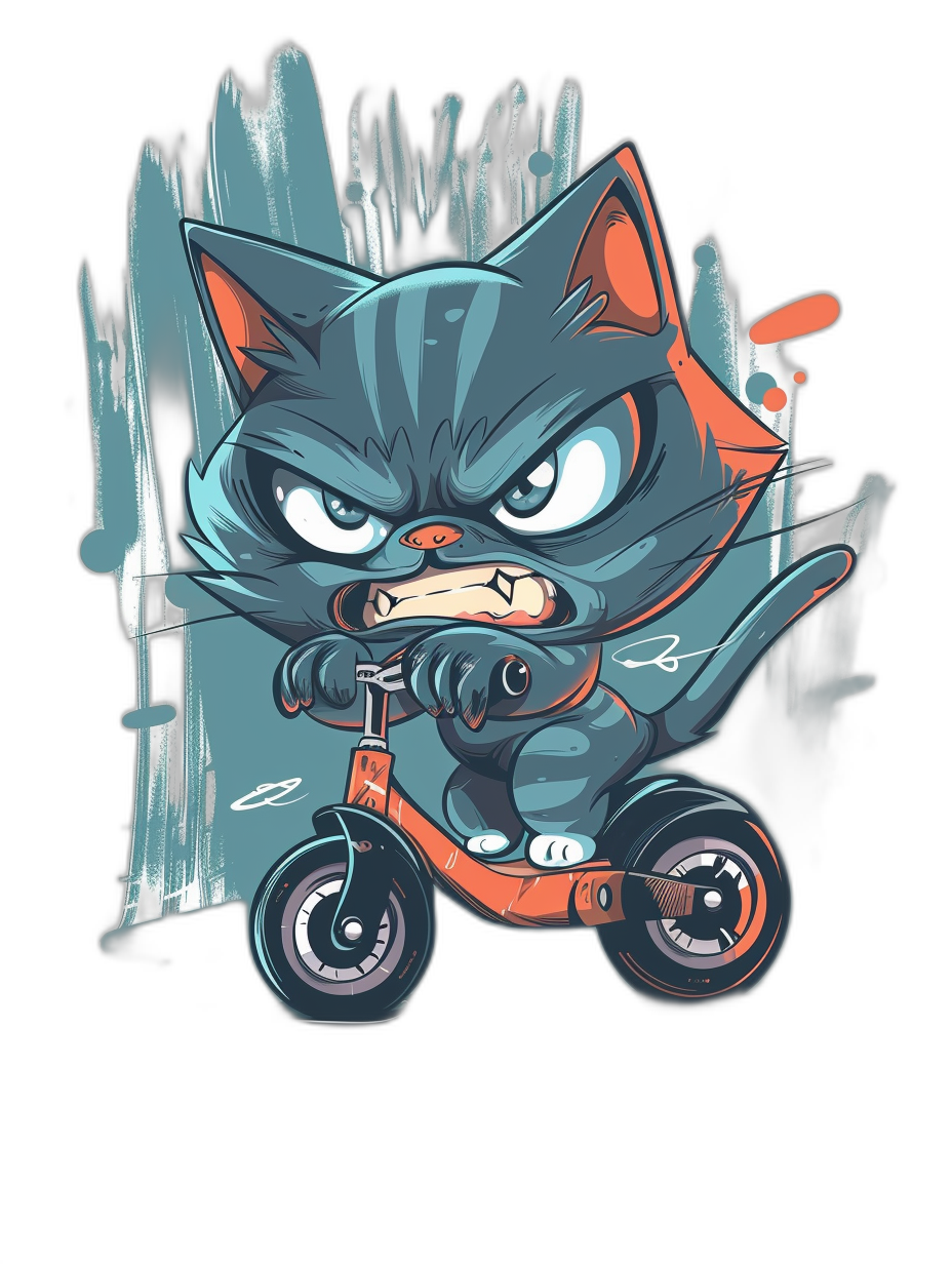 t-shirt design, cute chibi cat riding an electric scooter with an angry face expression, full body view, dark background, vector illustration in the style of aged and worn cartoon drawing, bold colors, bold shapes, flat color