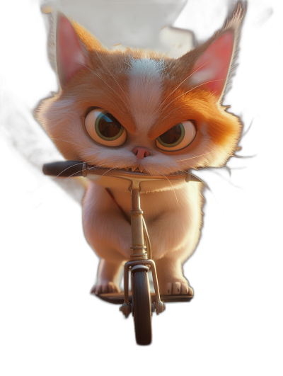 cinematic shot of a cute Pixar kitten character, white and light brown gradient color. The kitten is riding a scooter in the style of Disney's Big Hero movie, with funny expression eyes. Dark background with a soft focus on his face and soft lighting, Pixar render style. The kitten has an oversized head with large expressive eyes and long eyelashes, smooth fur. The kitten is wearing casual  with a high angle view.