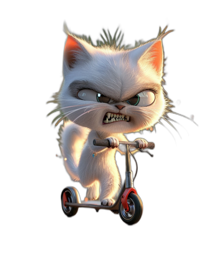 3D cute white cat riding scooter in the style of Pixar, angry face, black background, in the style of Pixar.