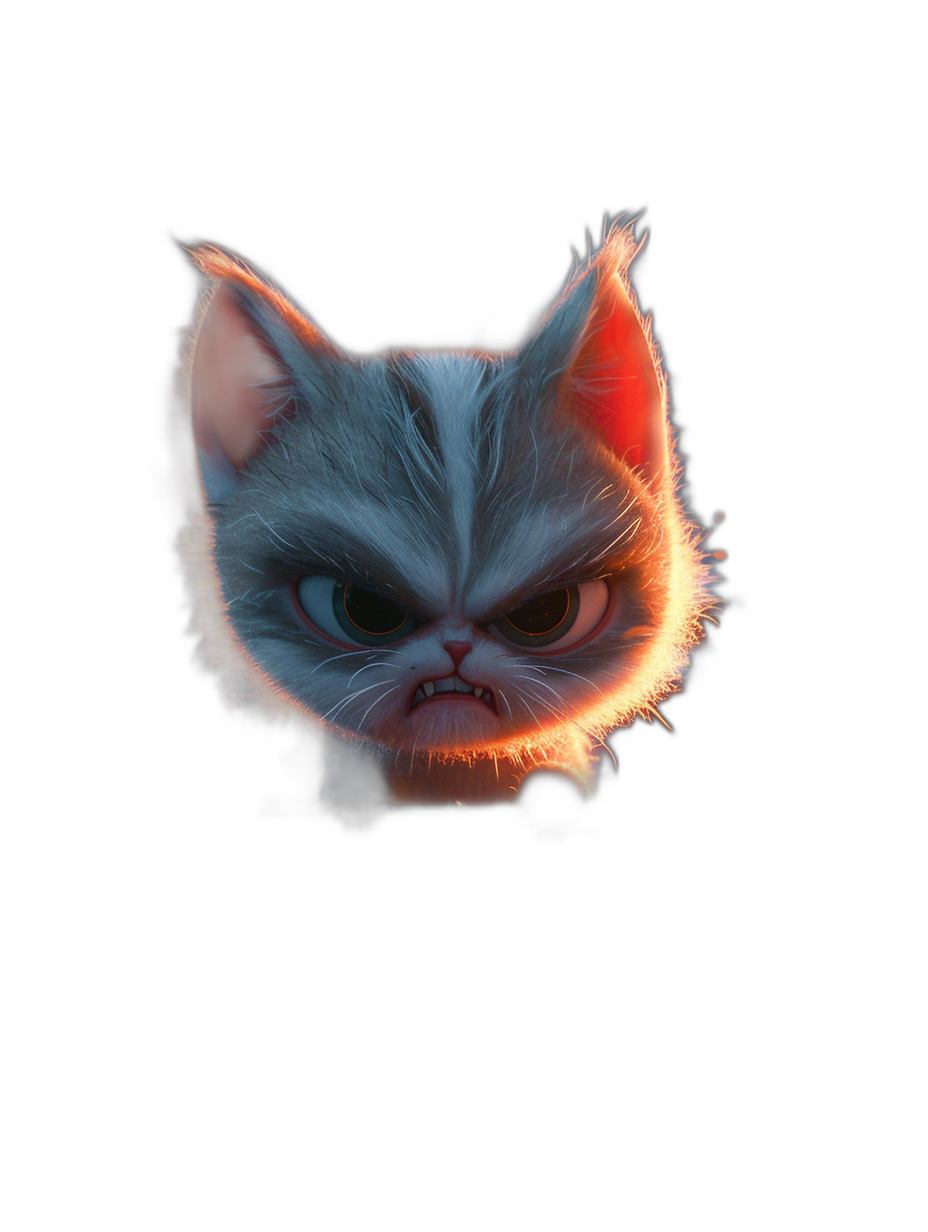 small angry kitten, in the style of Pixar, cute, glowing light on the face, dark background, soft lighting, front view, cartoon style, high resolution