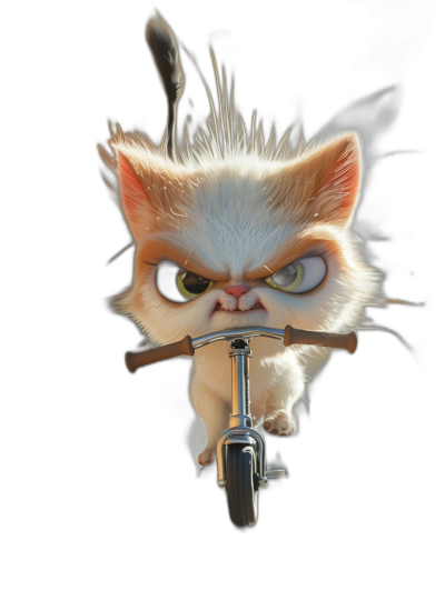 grumpy cat on scooter, angry eyes, cartoon style, isolated on a black background, in the style of hyper realistic, high resolution photography