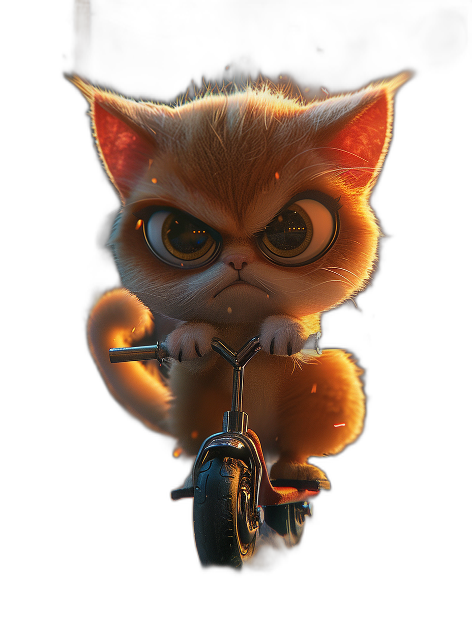 grumpy cat with big eyes on the scooter, in the style of cartoon, cute, 3d render, black background, soft lighting, in the style of Pixar movie poster, octane rendering, full body portrait, high resolution photography, hyper realistic