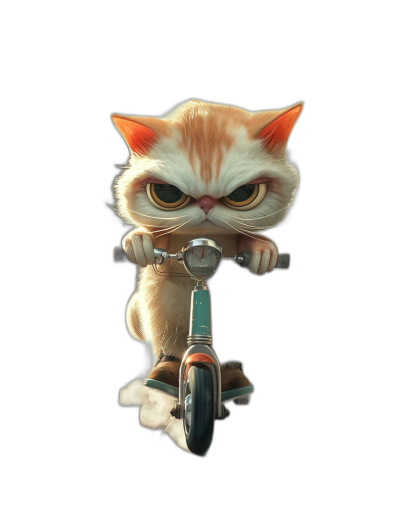 3D cartoon, happy cute cat riding scooter with angry face, black background, adorable eyes, lovely, in the style of Pixar.