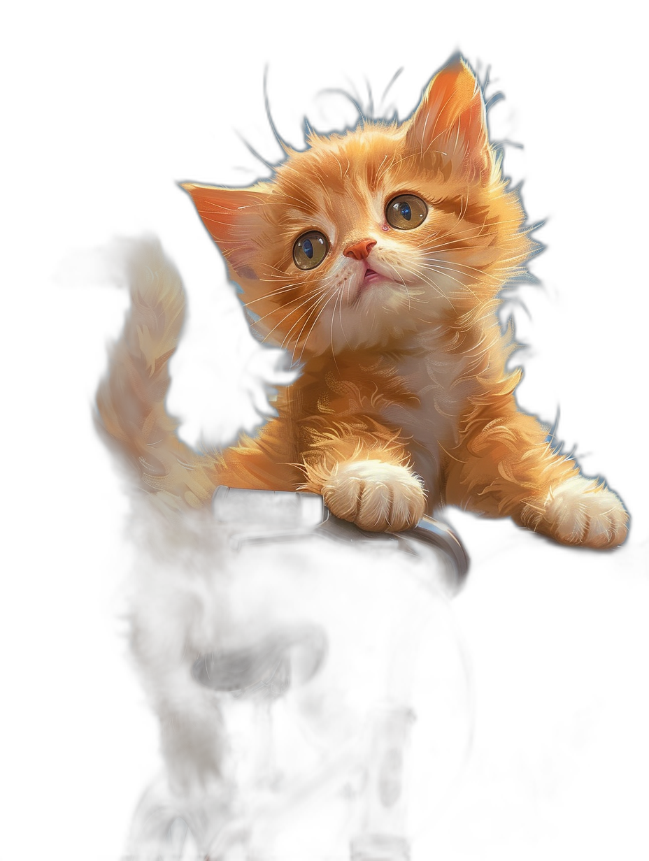 digital art of a cute kitten sitting on the bike handle against a black background, with a fluffy and soft feeling, in vibrant colors.