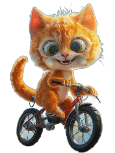 A cute orange cat riding on a bicycle, with big eyes and a happy expression, against a black background, in the style of Pixar, with 3D rendering, in the style of cartoon character design, in the styles of Disney and Zootopia movie characters, with Disney animation effects, in .