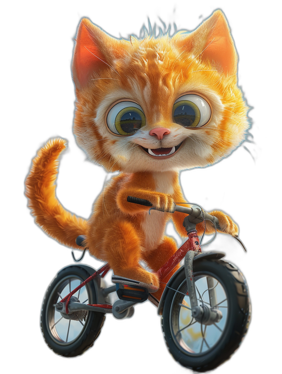 A cute orange cat riding on a bicycle, with big eyes and a happy expression, against a black background, in the style of Pixar, with 3D rendering, in the style of cartoon character design, in the styles of Disney and Zootopia movie characters, with Disney animation effects, in .