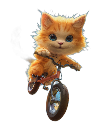 Cute orange cat riding tricycle in the style of Pixar and Disney and [Atey Ghailan](https://goo.gl/search?artist%20Atey%20Ghailan) and Jeff, cartoon style, black background, concept art. Symmetric shot of cute kitten doing wheelie on bicycle in the style of, adorable kitten character design, cute and dreamlike atmosphere, high resolution.