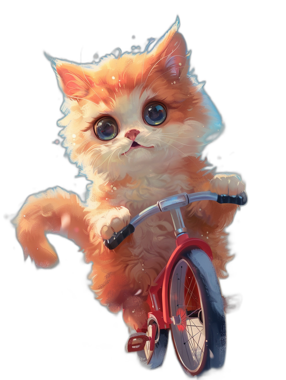 Cute orange cat, big eyes and cute expression riding a red bicycle on a black background, in the style of anime, full body portrait, high definition, bright colors, simple design, high resolution, digital art, high quality, high detail, best quality, masterpiece, digital painting in the style of [Atey Ghailan](https://goo.gl/search?artist%20Atey%20Ghailan), wide shot, cinematic lighting, octane render, fantasy, ultra detailed, hyper realistic, trending on Artstation.