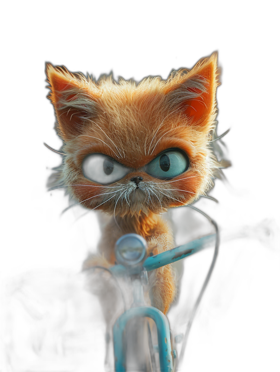 A cute kitten with big eyes riding on a bicycle in the style of angry face on a black background with a cartoon character design in the Pixar style in a front view at a high resolution for portrait photography.