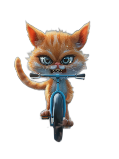 realistic cartoon illustration of an angry ginger cat riding on the front of a blue bicycle, isolated against a black background, in the style of Pixar