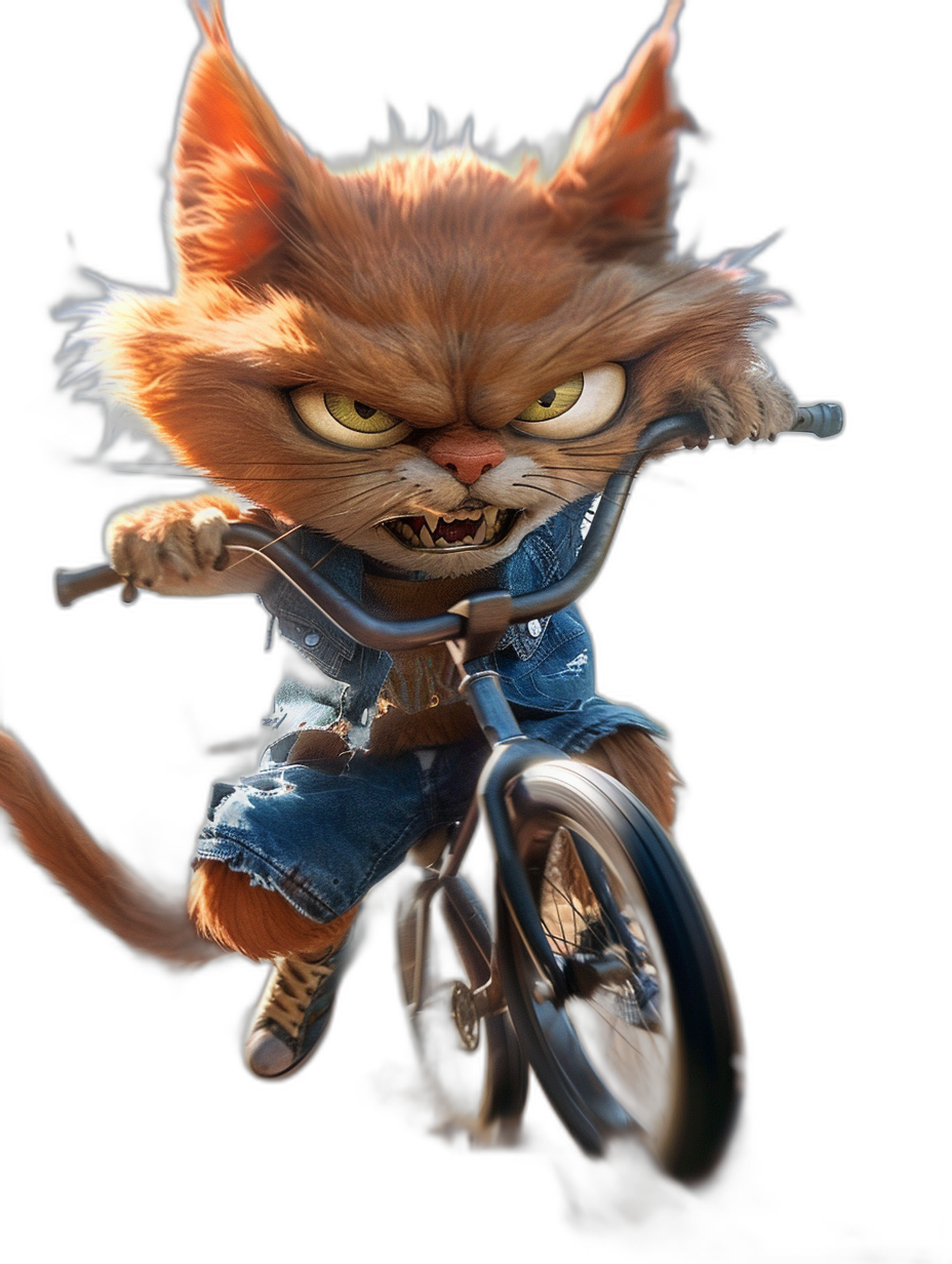 3D render of an angry cat wearing denim overalls and riding on a bicycle, in the style of Pixar, cartoon character concept art, black background