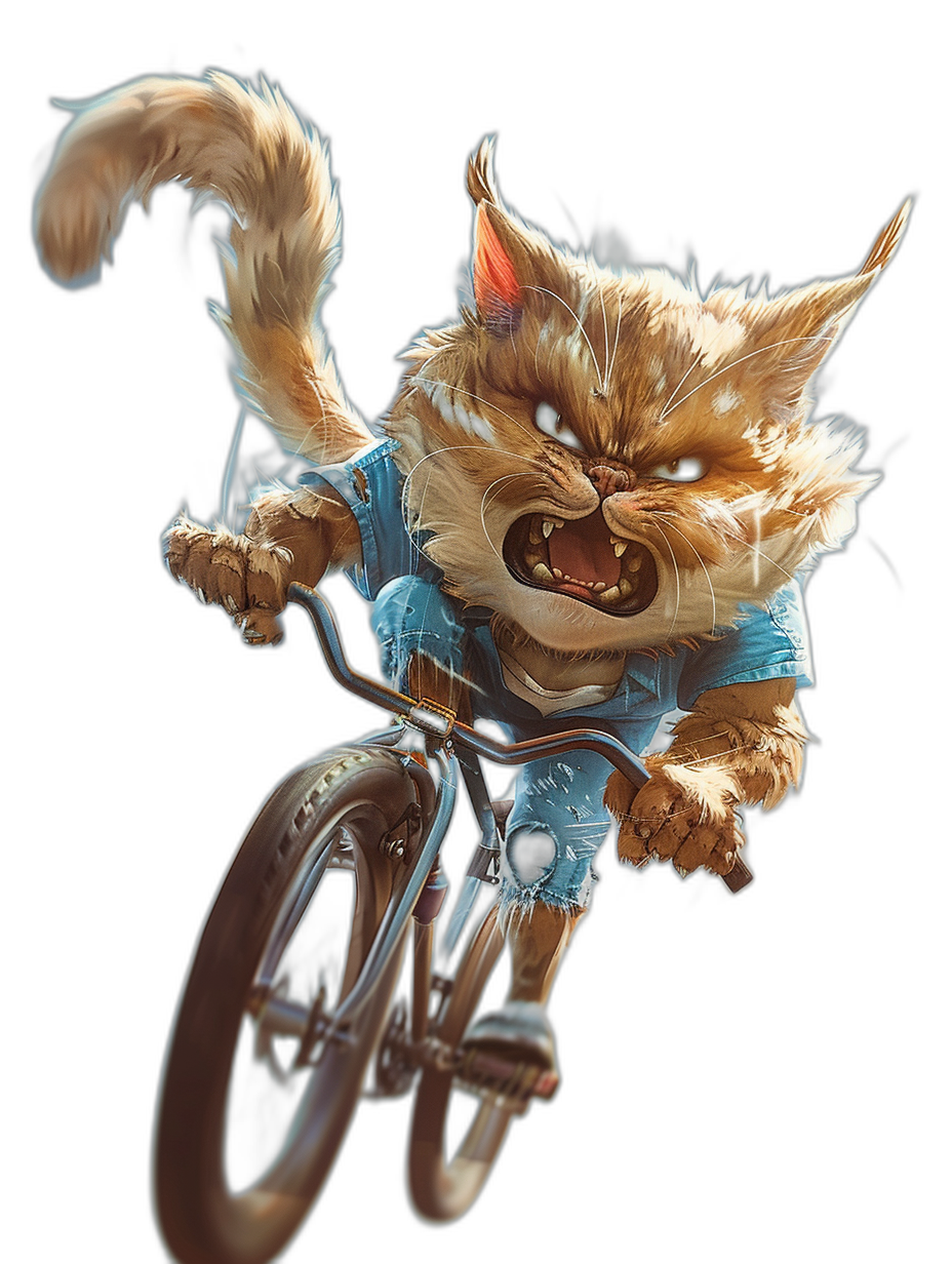 full body cartoon caricature of an angry cat on bmx, side view, black background, hyper realistic photography