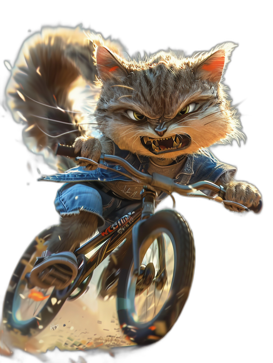 hyper realistic photo of an angry cat wearing jeans and sneakers, riding on the back wheel of his bike like a biker with large teeth showing in front view, black background, full body shot, high resolution, cinematic, studio light, octane render, 3d character design in the style of Pixar, disney style character, 2D illustration