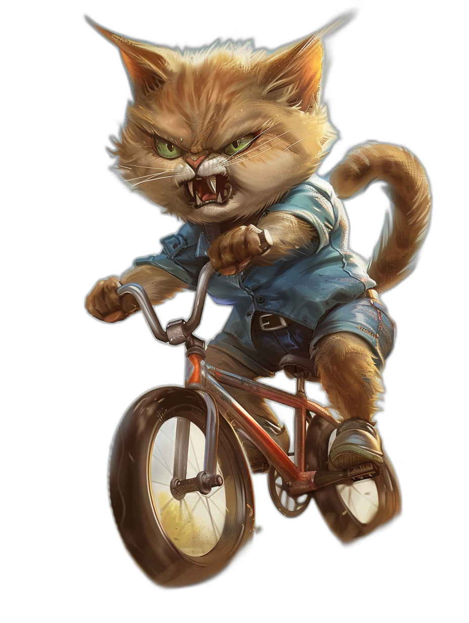 realistic digital illustration of an angry ginger cat wearing a blue shirt and jeans, riding on a bike with two wheels like a bmx, black background, in the style of [Artgerm](https://goo.gl/search?artist%20Artgerm), full body shot, character design