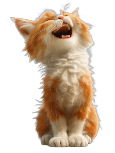 3D render of a happy smiling ginger and white cat meowing on a black background in a full body shot.