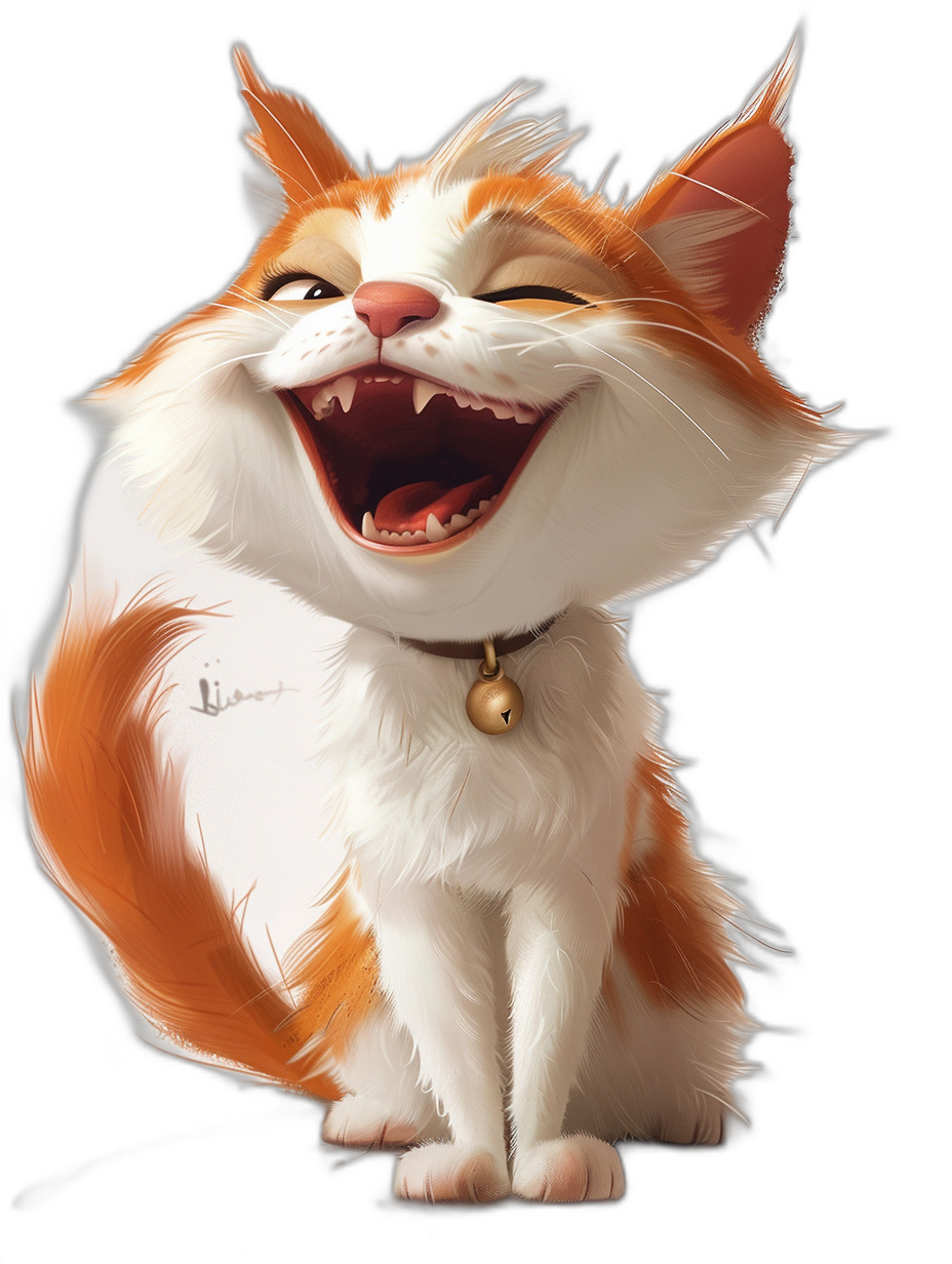 A cute happy smiling cat, in the Disney style, with white and orange fur on a simple black background. A concept art in the style of Pixar studio, with brush strokes and bright colors in a detailed digital painting. A full body shot of the cat in a wide angle portrait with high resolution and sharp focus details. An illustration suitable for 2D game art.