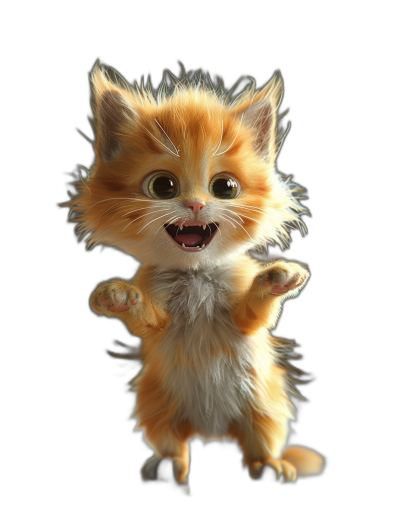 3D render of a cute happy ginger kitten, jumping up and smiling with its teeth showing, on a black background, in the style of Disney character design, cartoon, cute, with a highly detailed fur texture, in the Pixar art style