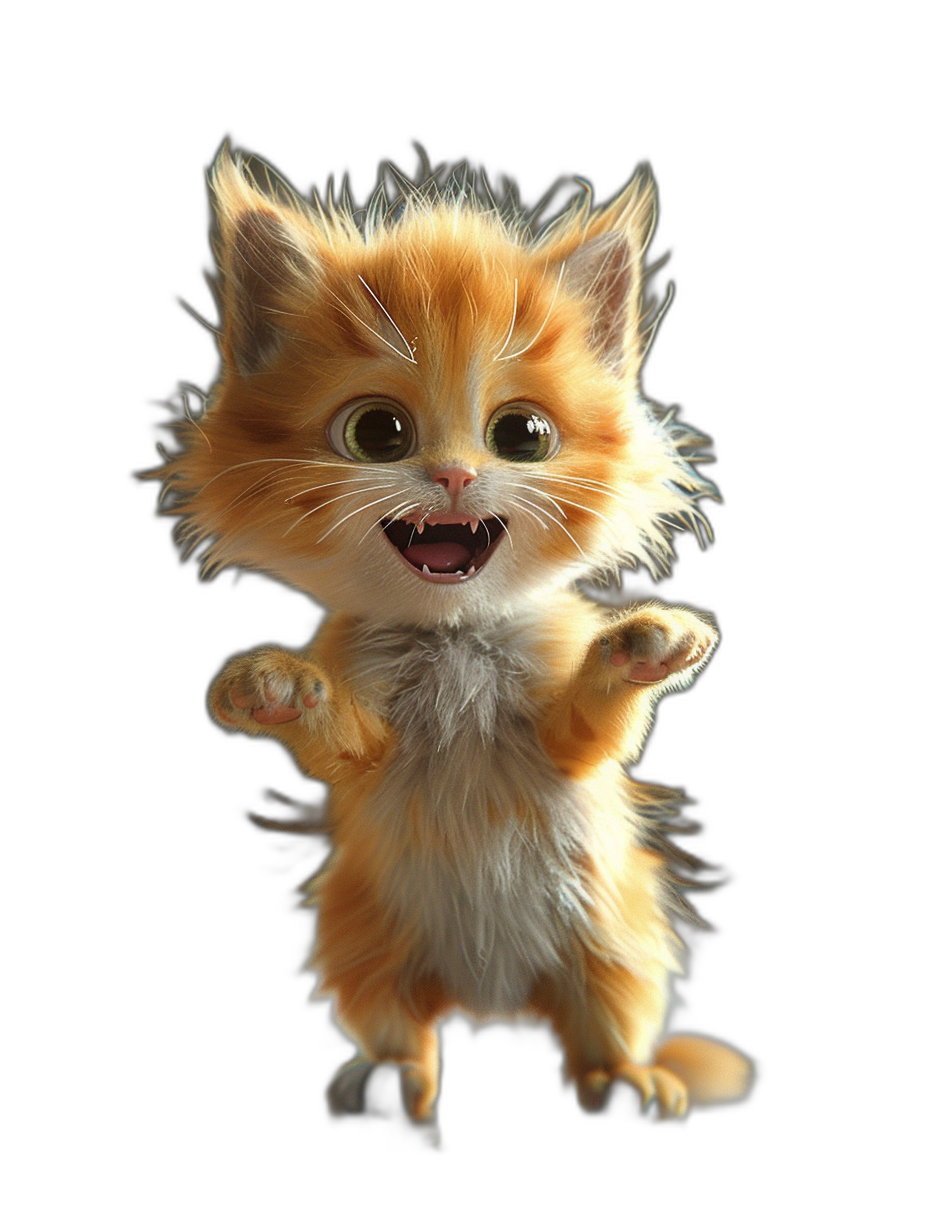 3D render of a cute happy ginger kitten, jumping up and smiling with its teeth showing, on a black background, in the style of Disney character design, cartoon, cute, with a highly detailed fur texture, in the Pixar art style