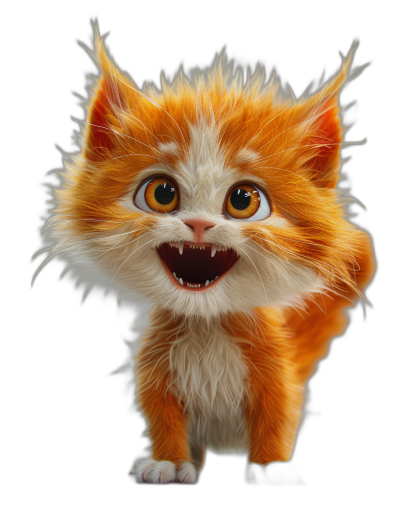 3D render of a cute smiling orange and white fluffy kitten with sharp teeth, isolated on a black background, in the style of Disney Pixar.