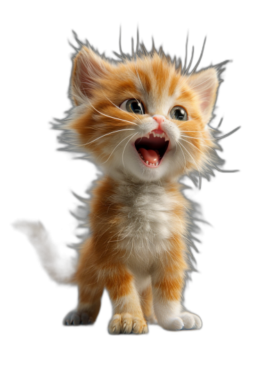 3D render of a happy smiling ginger kitten isolated on a black background, a cute fluffy cat with its mouth open showing its teeth in the style of no artist.