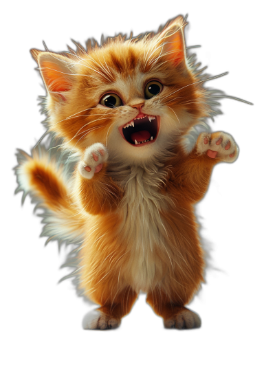 3d render of cute happy ginger kitten, full body, open mouth and sharp teeth, raising paws to make high kick, isolated on black background, studio light